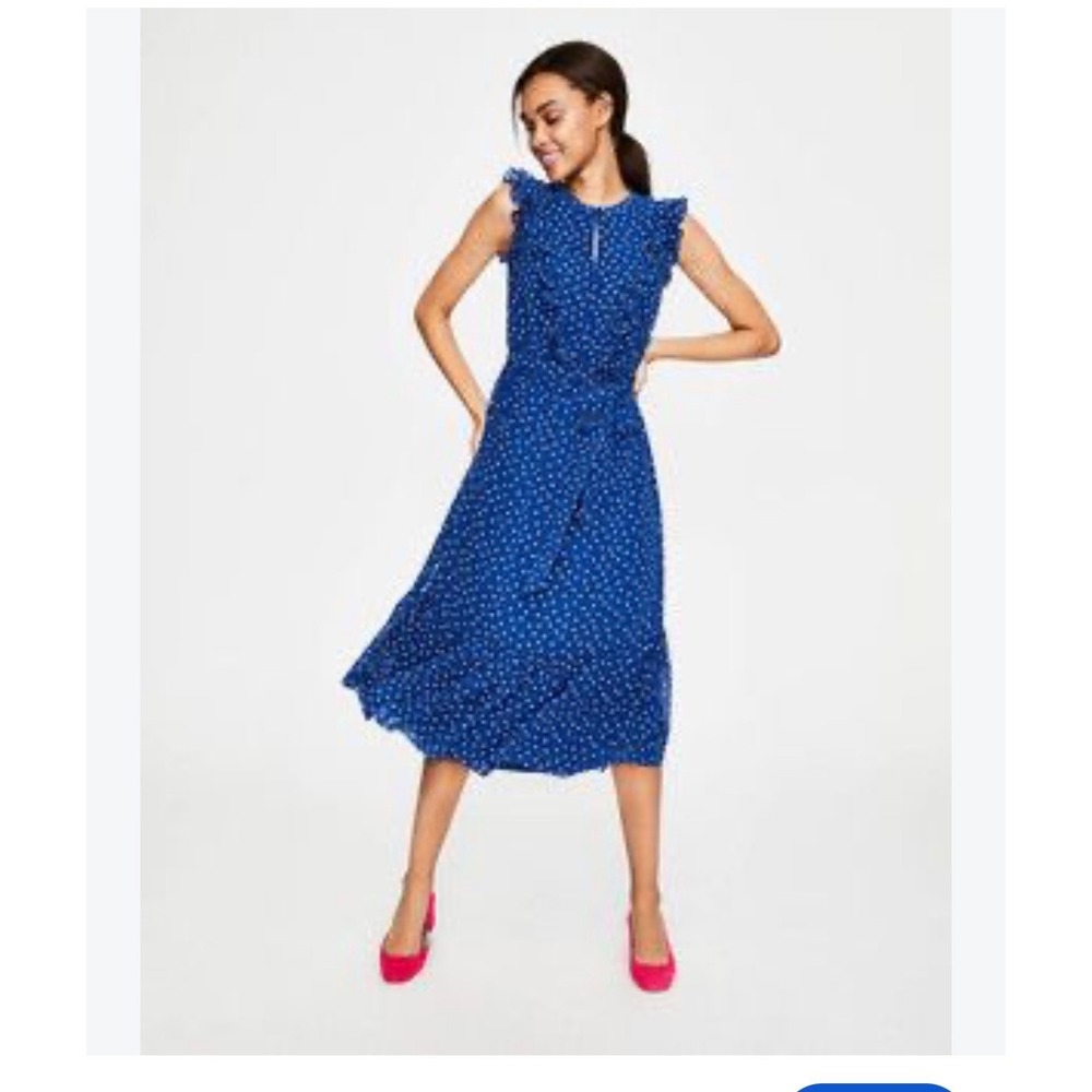 Boden Elise Royal Blue White Polka Dot Ruffle Midi Dress 12 Preppy Old Money